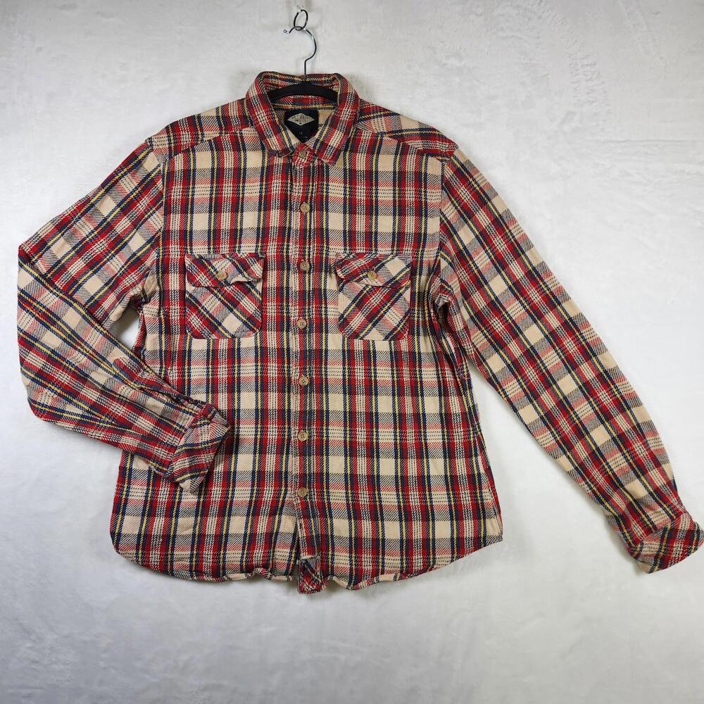 Vtg Salt Valley‎ Flannel Shirt M Beige Red Blue Plaid Western Grunge